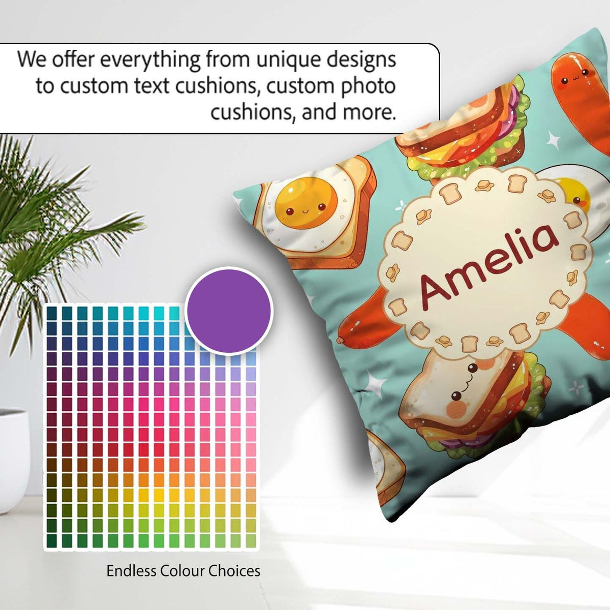 Custom Name Breakfast Food Eggs Sausage Sandwich Seamless Teal Square Filled Cushion Throw Pillow Sofa Bed Home Decor Zip Washable UK Made