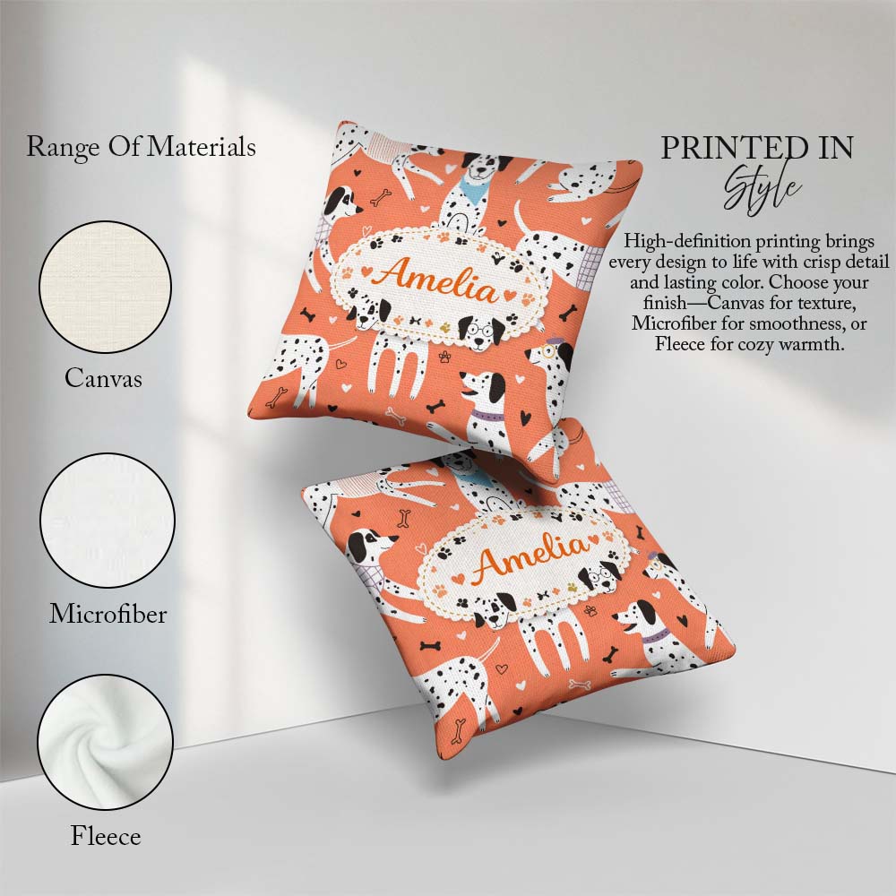 Custom Name Dogs Hearts Peach Background Seamless Pattern Lovely Square Filled Cushion Throw Pillow Sofa Bed Home Decor Zip Washable UK Made