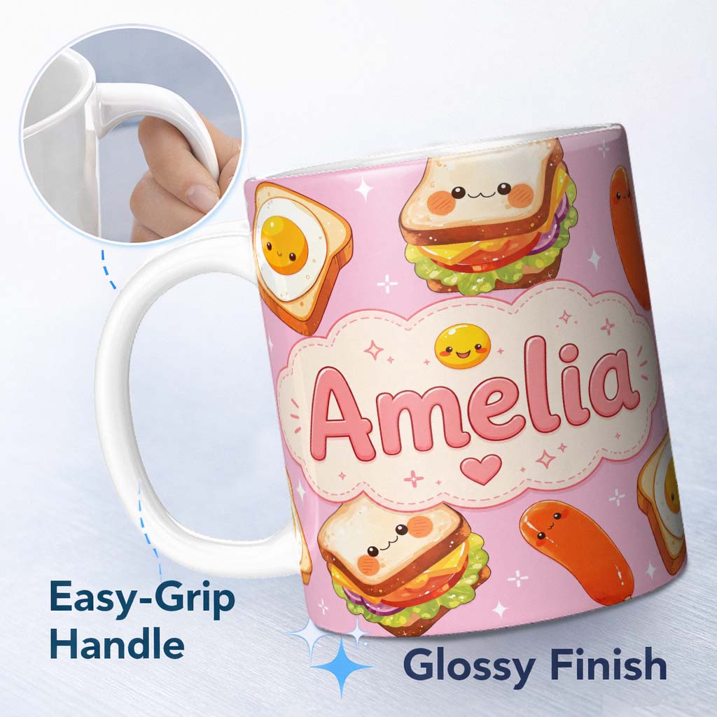 Personalized Custom Name Breakfast Food Eggs Sausage Sandwich Seamless Pattern Pink 11oz Ceramic Coffee Tea Mug White Large Handle