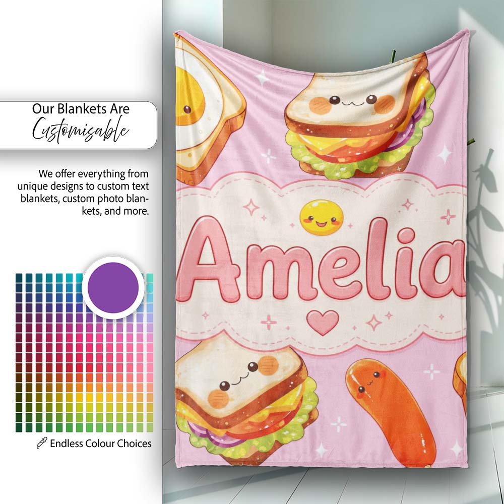 Breakfast Food Eggs Sausage Sandwich Seamless Pattern Pink Personalised Custom Name Super Soft Fleece Blanket Bed Sofa Throw
