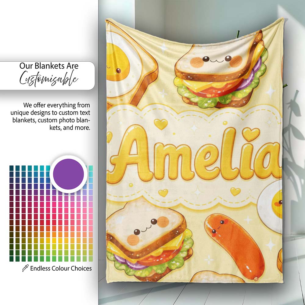 Breakfast Food Eggs Sausage Sandwich Seamless Pattern Yellow Personalised Custom Name Super Soft Fleece Blanket Bed Sofa Throw