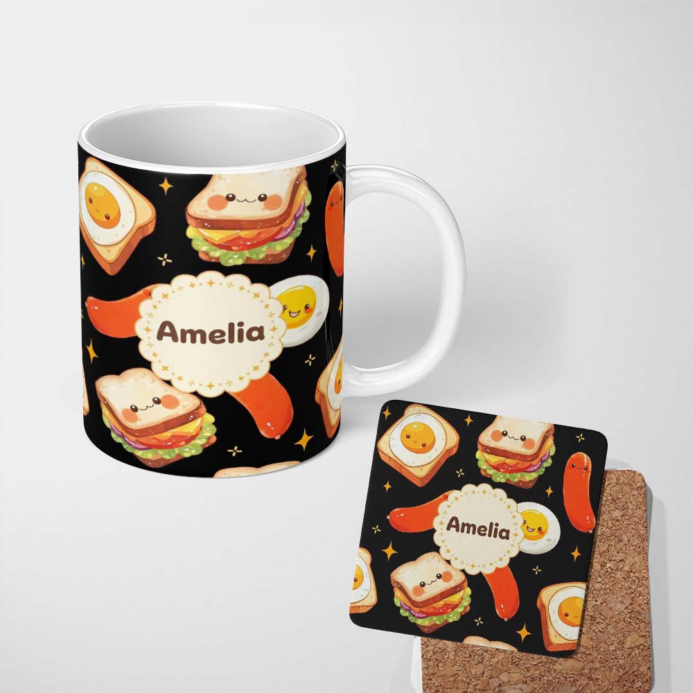 Personalized Custom Name Breakfast Food Eggs Sausage Sandwich Seamless Pattern Black Star 11oz Ceramic Coffee Tea Mug White Large Handle