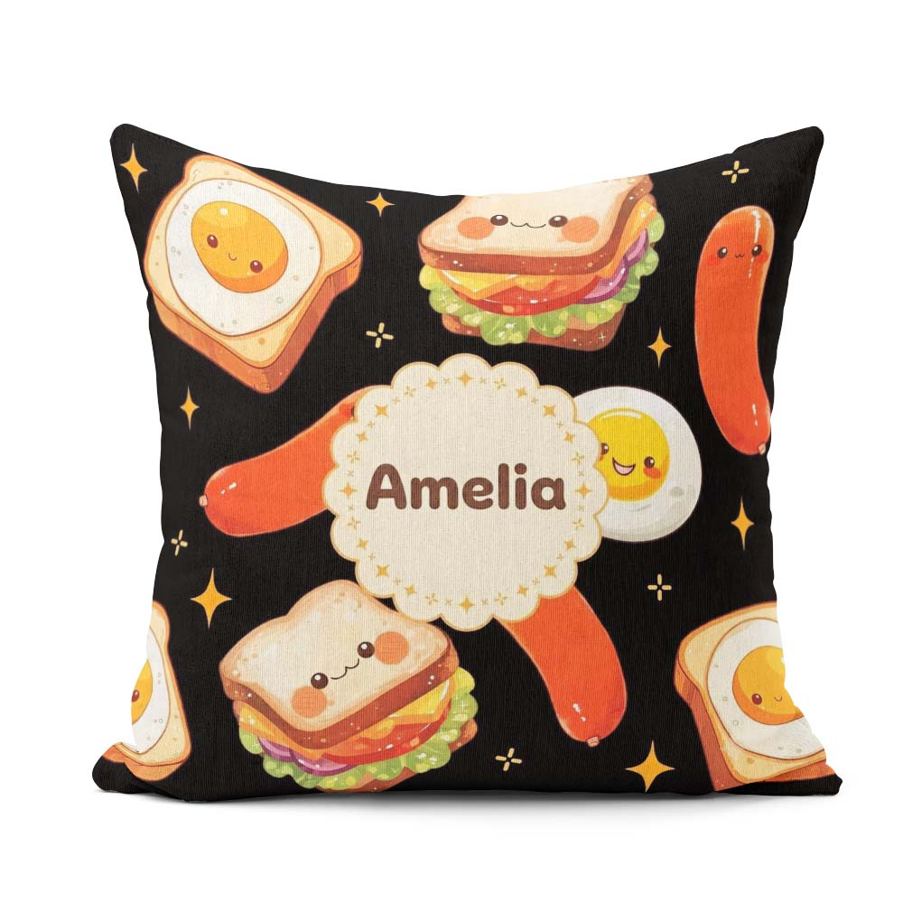 Custom Name Breakfast Food Eggs Sausage Sandwich Seamless Black Square Filled Cushion Throw Pillow Sofa Bed Home Decor Zip Washable UK Made