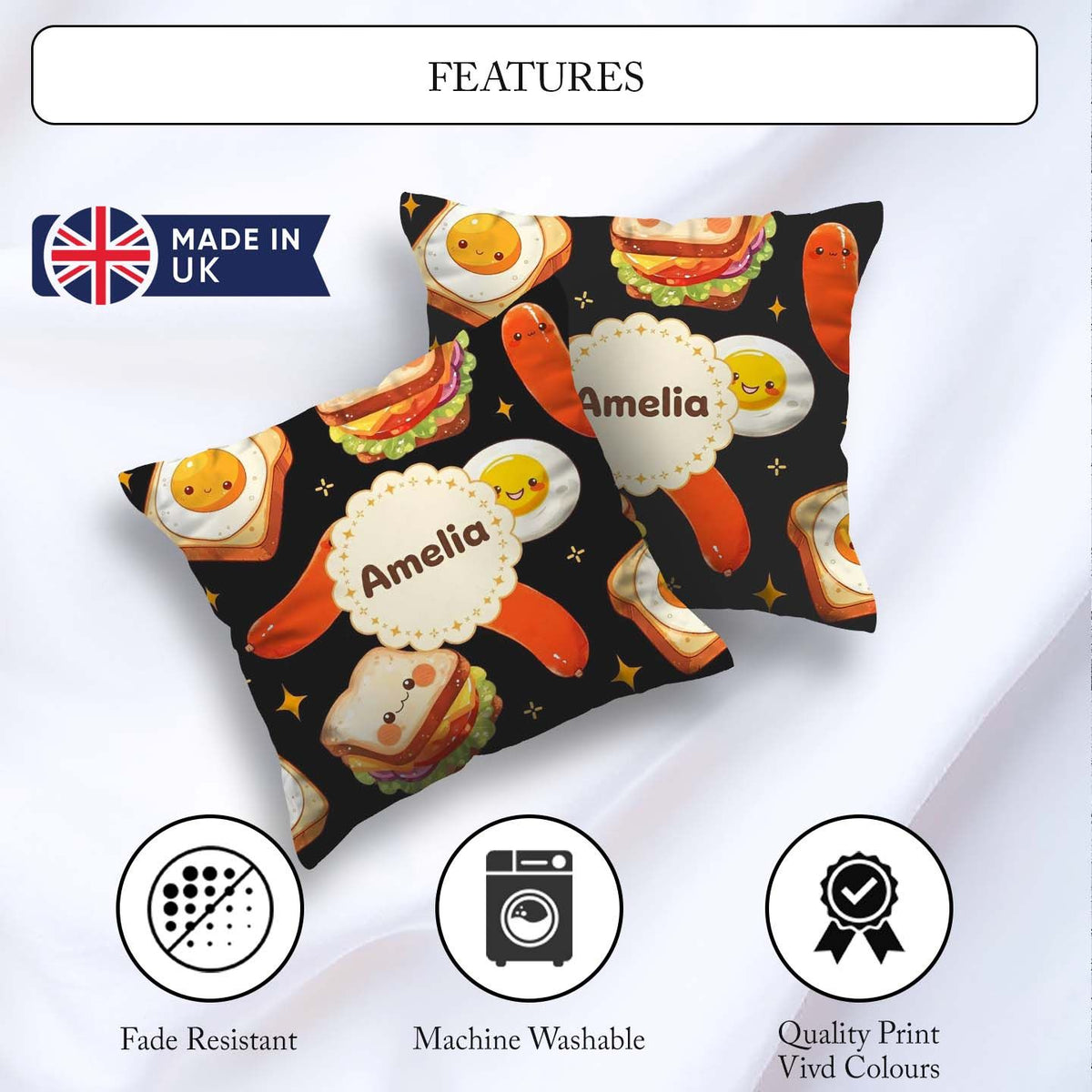 Custom Name Breakfast Food Eggs Sausage Sandwich Seamless Black Square Filled Cushion Throw Pillow Sofa Bed Home Decor Zip Washable UK Made
