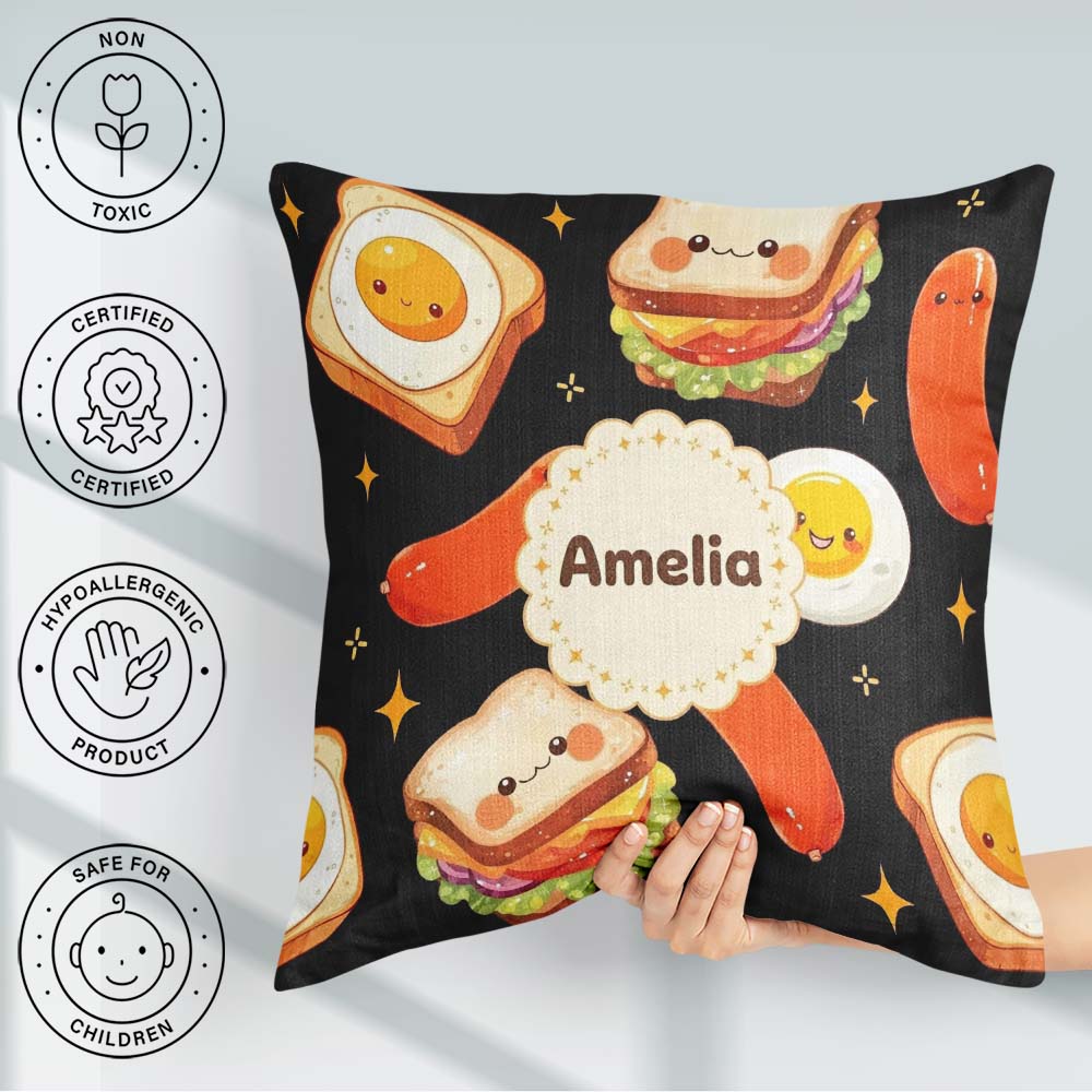 Custom Name Breakfast Food Eggs Sausage Sandwich Seamless Black Square Filled Cushion Throw Pillow Sofa Bed Home Decor Zip Washable UK Made