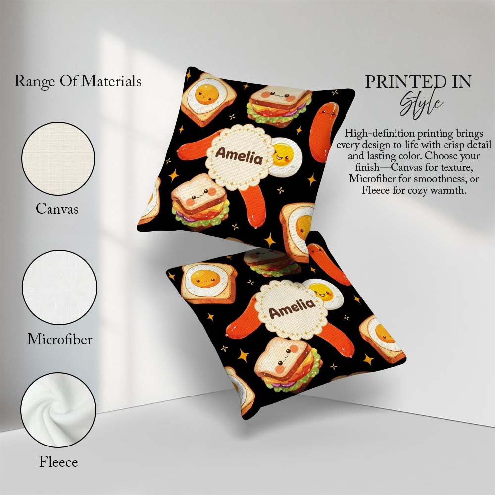 Custom Name Breakfast Food Eggs Sausage Sandwich Seamless Black Square Filled Cushion Throw Pillow Sofa Bed Home Decor Zip Washable UK Made