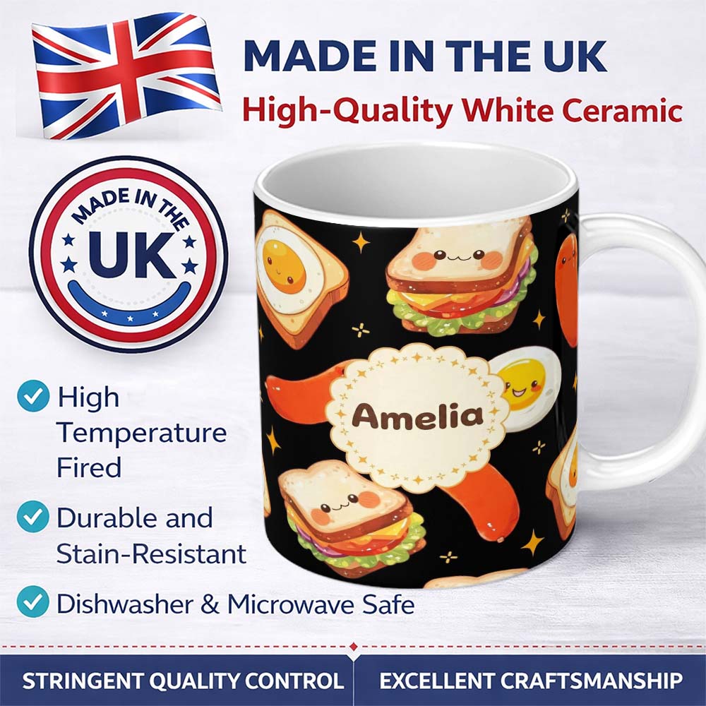 Personalized Custom Name Breakfast Food Eggs Sausage Sandwich Seamless Pattern Black Star 11oz Ceramic Coffee Tea Mug White Large Handle