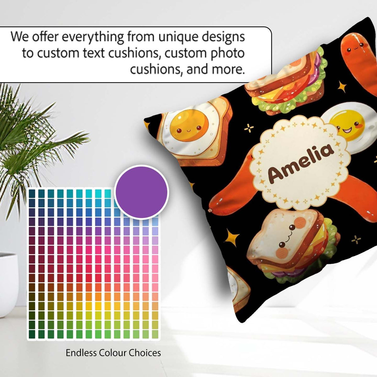Custom Name Breakfast Food Eggs Sausage Sandwich Seamless Black Square Filled Cushion Throw Pillow Sofa Bed Home Decor Zip Washable UK Made