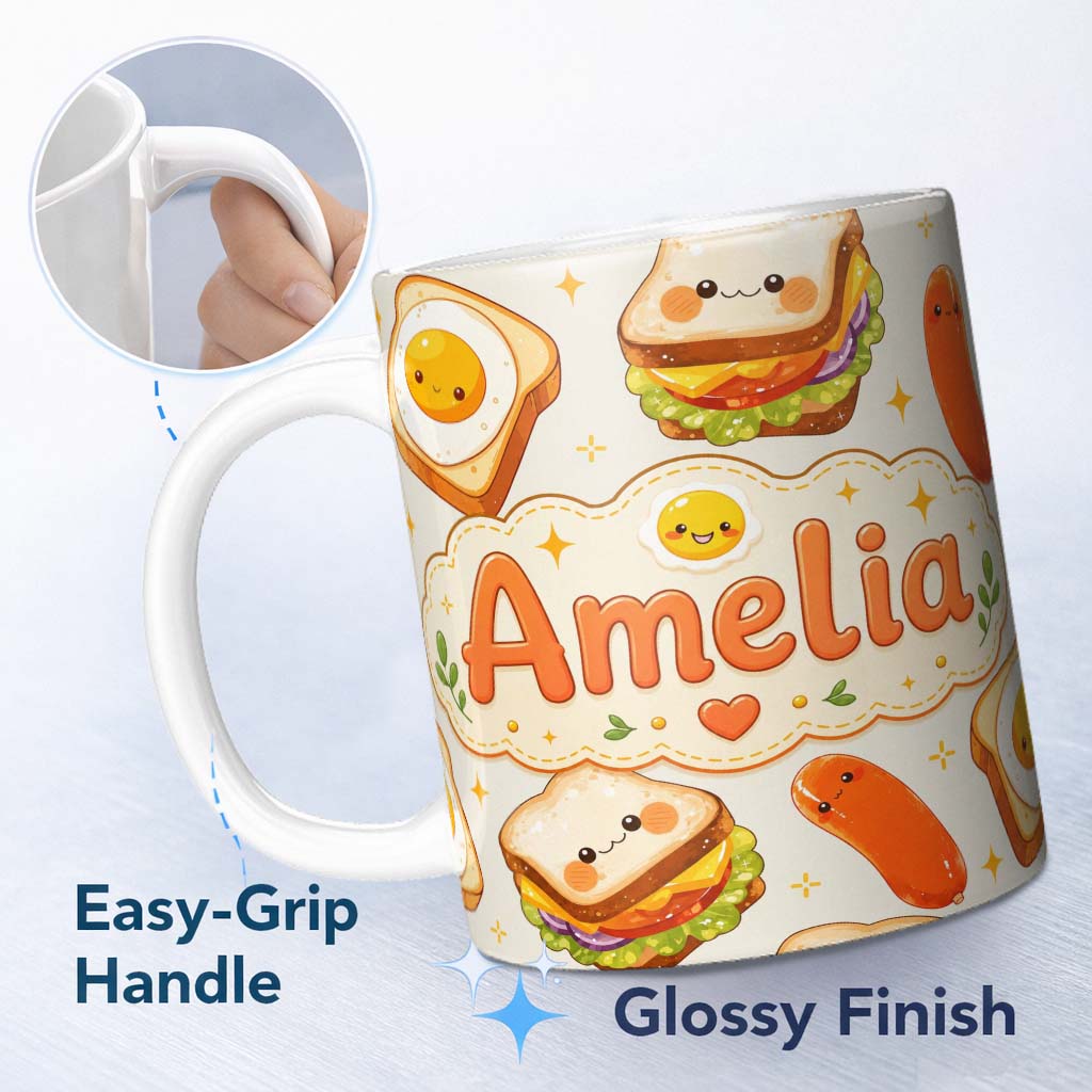 Personalized Custom Name Kawaii Breakfast Food Eggs Sausage Sandwich Seamless Pattern Cream 11oz Ceramic Coffee Tea Mug White Large Handle