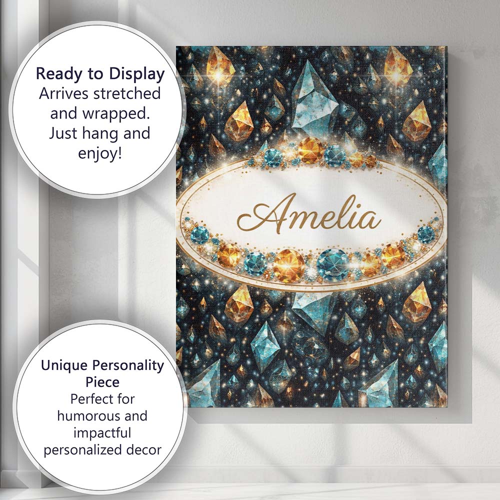 Personalised Name Abstract Teal Gold Crystal Texture Seamless Custom Contemporary Display Canvas Wall Art Print Decor Picture Ready to Hang