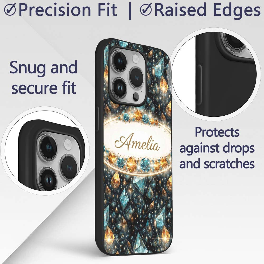 Abstract Teal Gold Crystal Texture Printed Design Custom Name Protective Phone Case Mobile Cover Durable Everyday Smartphone Shock Resistant