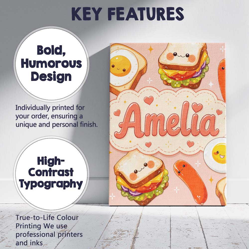 Personalised Name Breakfast Food Eggs Custom Modern Room Accent Creative Decorator Style Canvas Wall Art Print Decor Picture Ready to Hang