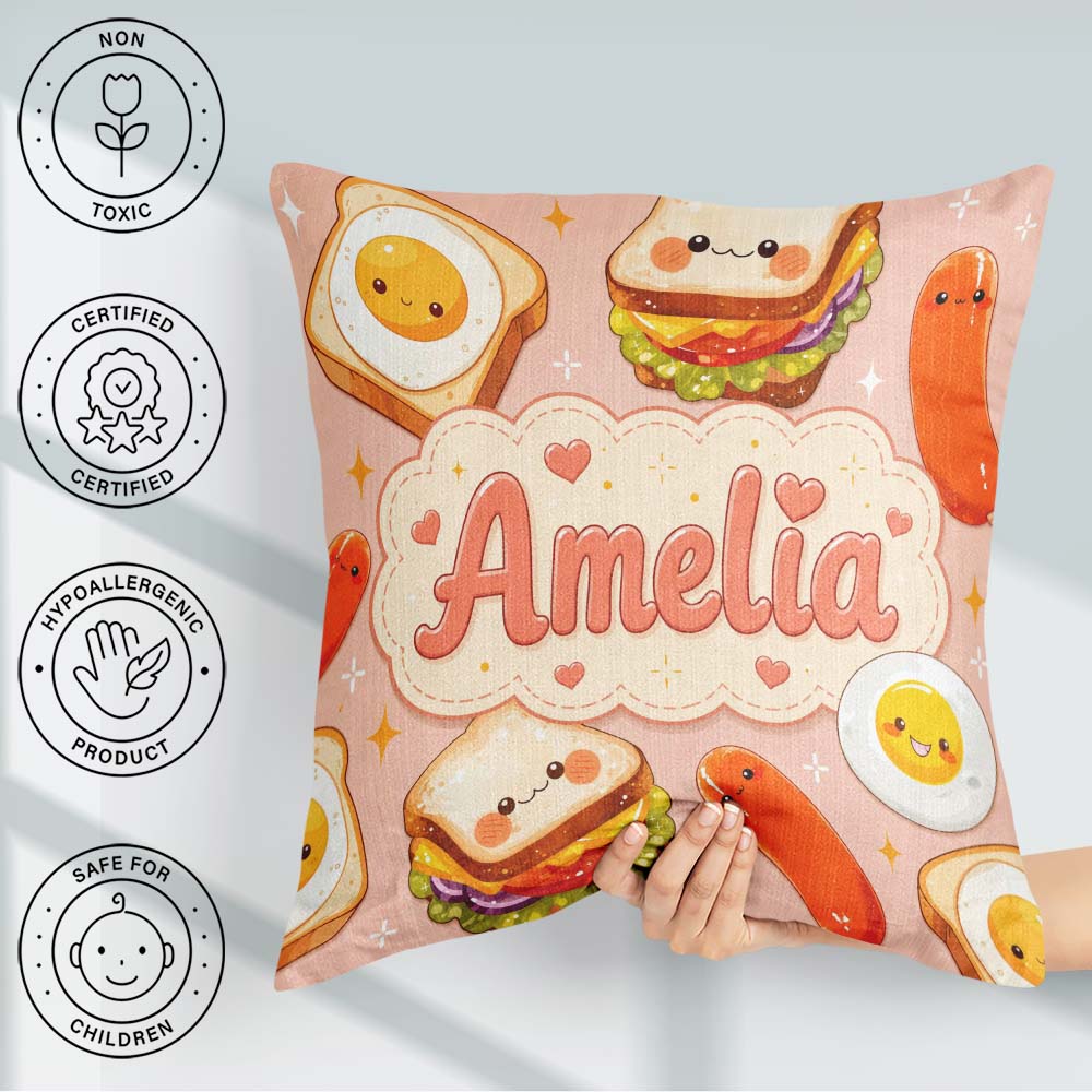 Custom Name Breakfast Food Eggs Sausage Sandwich Seamless Light Square Filled Cushion Throw Pillow Sofa Bed Home Decor Zip Washable UK Made