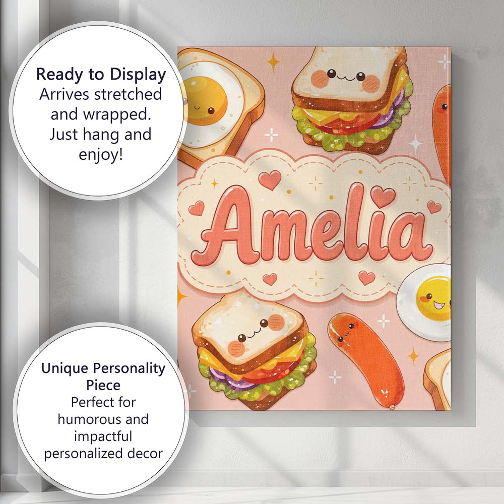 Personalised Name Breakfast Food Eggs Custom Modern Room Accent Creative Decorator Style Canvas Wall Art Print Decor Picture Ready to Hang