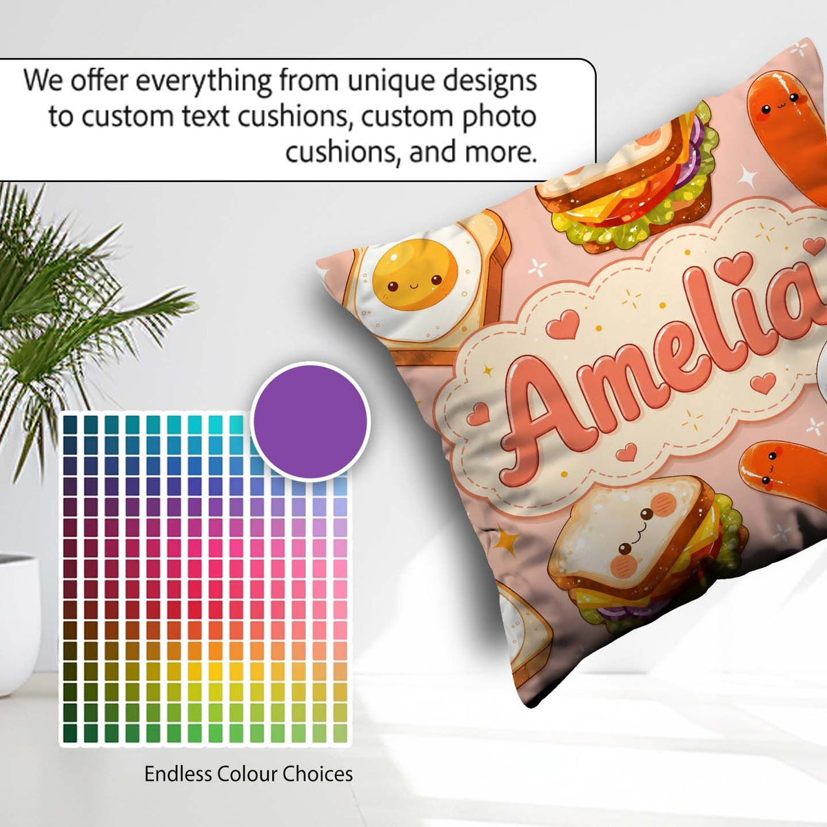 Custom Name Breakfast Food Eggs Sausage Sandwich Seamless Light Square Filled Cushion Throw Pillow Sofa Bed Home Decor Zip Washable UK Made