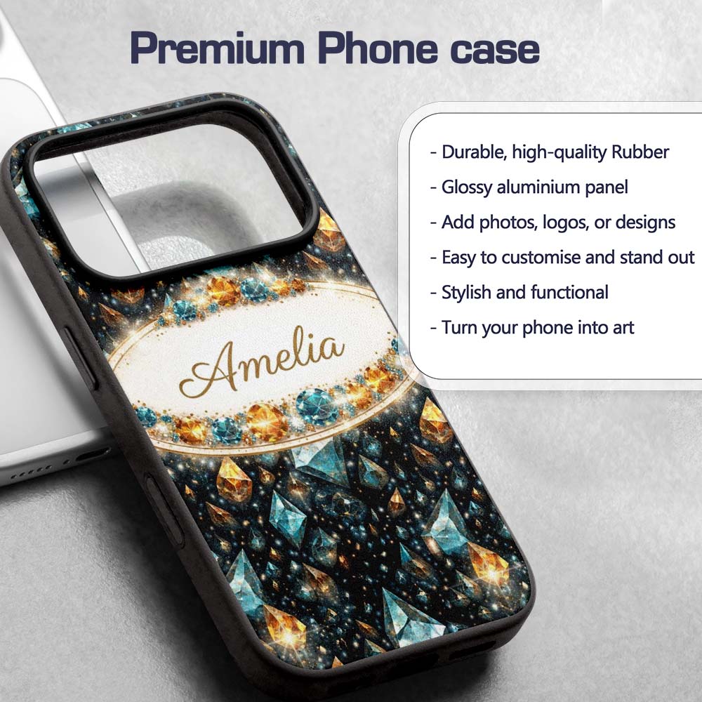 Abstract Teal Gold Crystal Texture Printed Design Custom Name Protective Phone Case Mobile Cover Durable Everyday Smartphone Shock Resistant