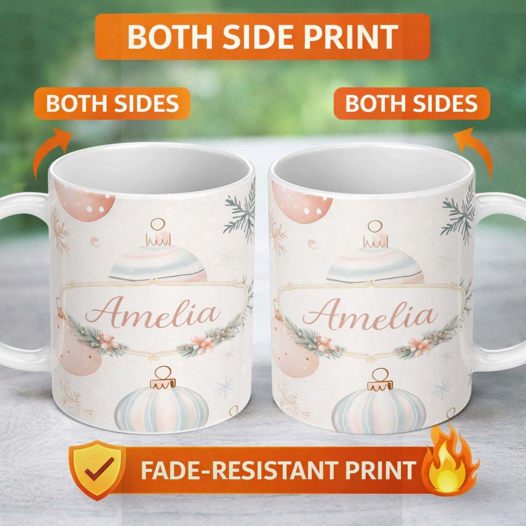 Personalized Custom Name Minimal Pastel Christmas Baubles Seamless Pattern Cute Unique Gift 11oz Ceramic Coffee Tea Mug White Large Handle