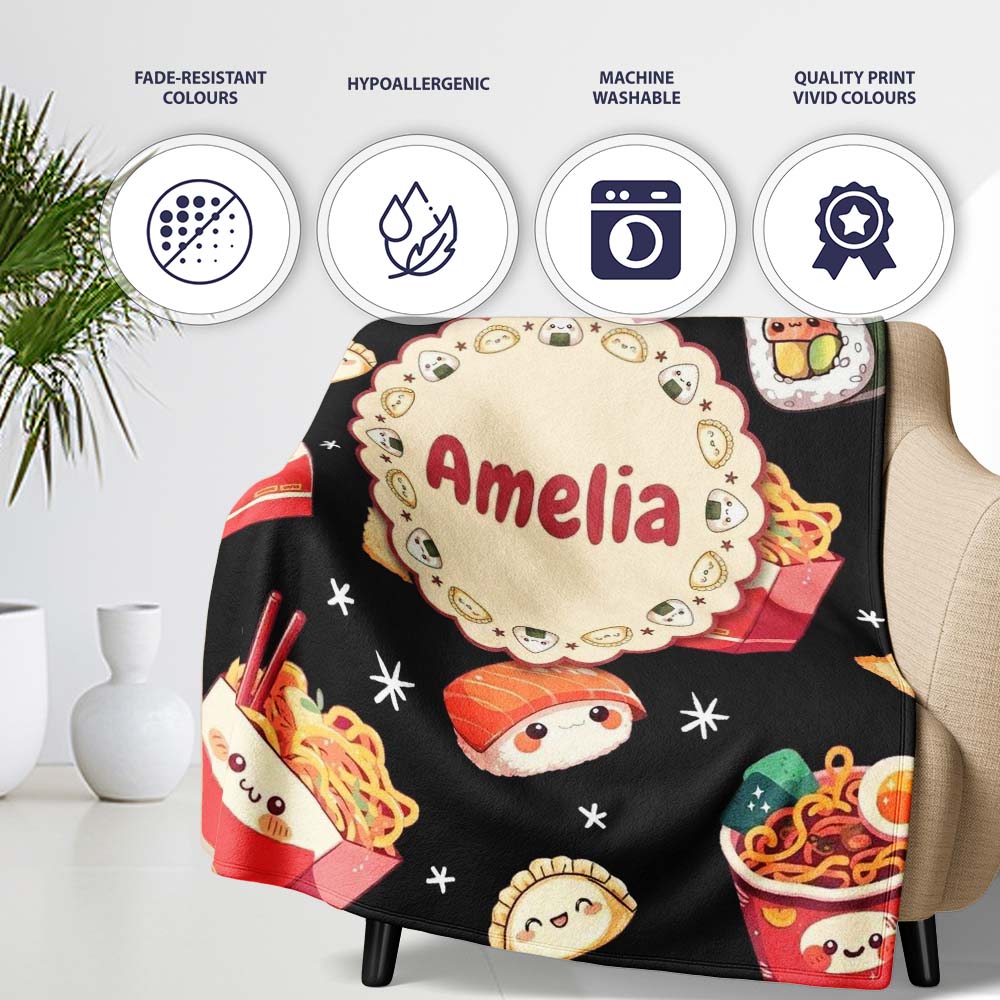 Cute Kawaii Japanese Food Sushi Ramen Dumpling Seamless Pattern Personalised Custom Name Super Soft Fleece Blanket Bed Sofa Throw