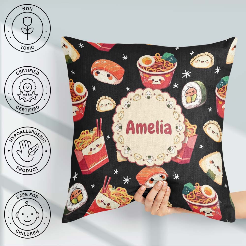 Custom Name Kawaii Japanese Food Sushi Dumpling Seamless Pattern Square Filled Cushion Throw Pillow Sofa Bed Home Decor Zip Washable UK Made
