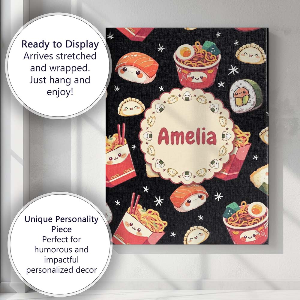 Personalised Name Cute Kawaii Japanese Food Custom Bespoke Interior Contemporary Canvas Wall Art Print Decor Picture Ready to Hang