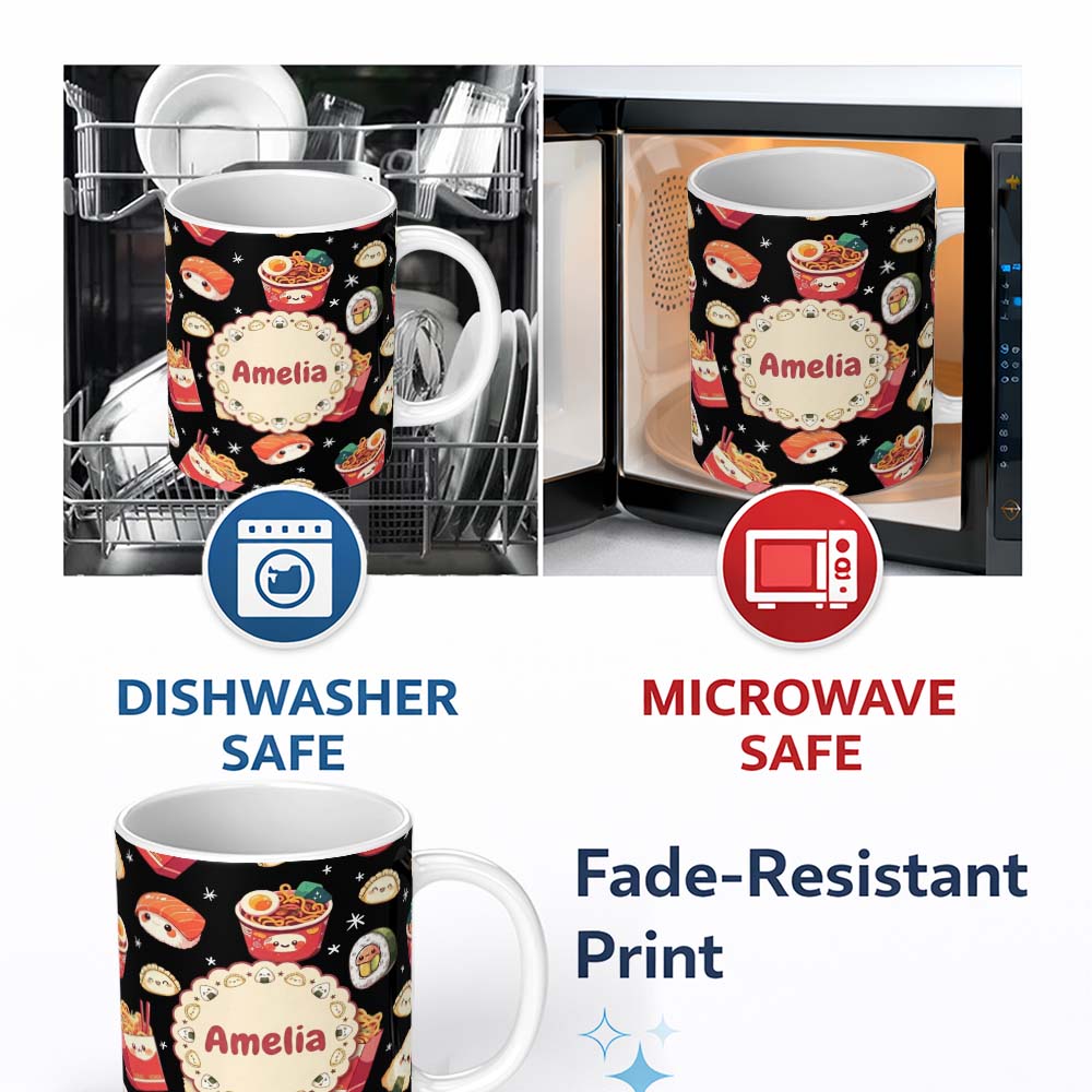 Personalized Custom Name Cute Kawaii Japanese Food Sushi Ramen Dumpling Seamless Pattern 11oz Ceramic Coffee Tea Mug White Large Handle