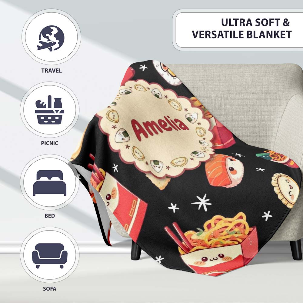 Cute Kawaii Japanese Food Sushi Ramen Dumpling Seamless Pattern Personalised Custom Name Super Soft Fleece Blanket Bed Sofa Throw