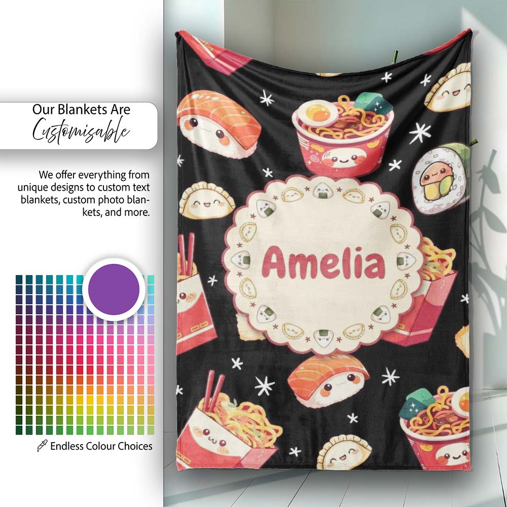 Cute Kawaii Japanese Food Sushi Ramen Dumpling Seamless Pattern Personalised Custom Name Super Soft Fleece Blanket Bed Sofa Throw