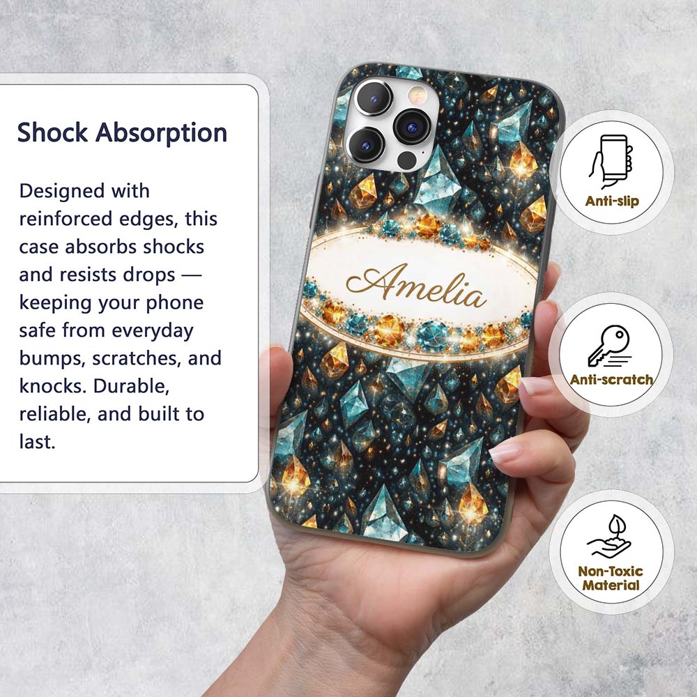 Abstract Teal Gold Crystal Texture Printed Design Custom Name Protective Phone Case Mobile Cover Durable Everyday Smartphone Shock Resistant