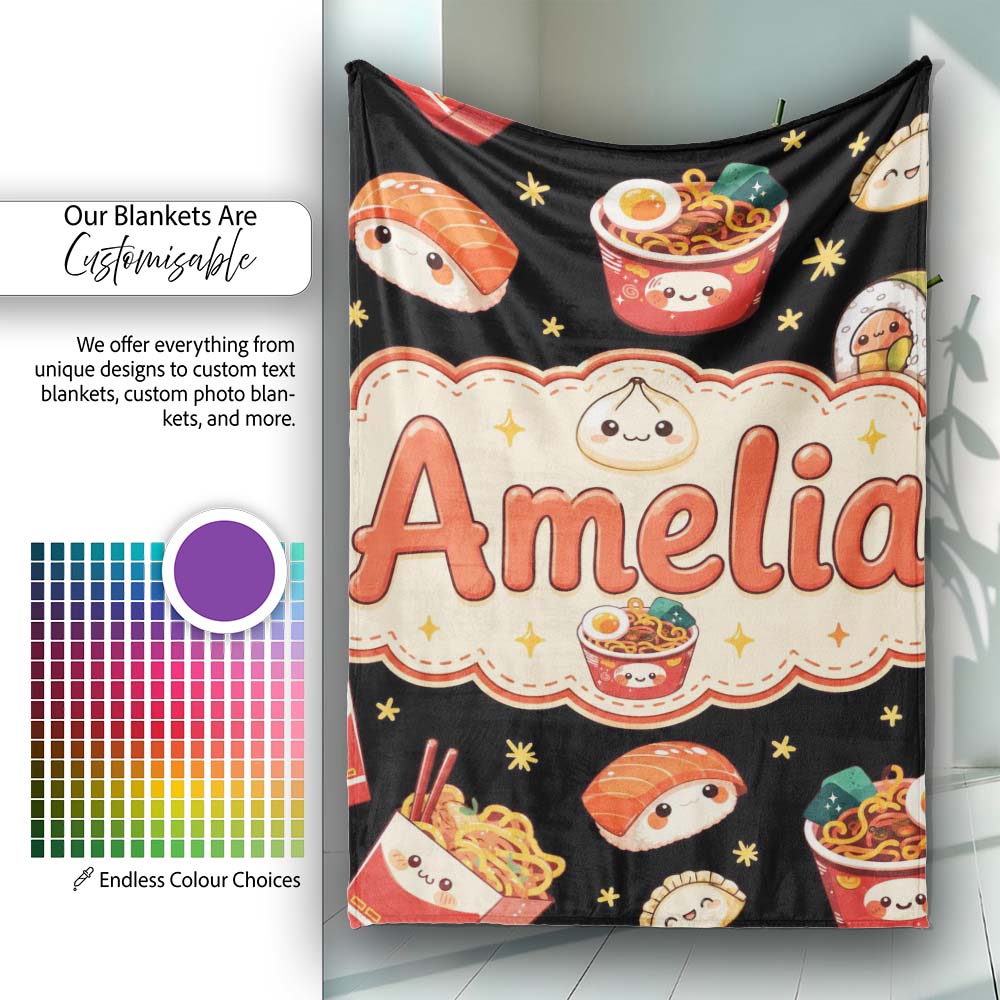 Cute Kawaii Japanese Food Sushi Ramen Dumpling Seamless Pattern Personalised Custom Name Super Soft Fleece Blanket Bed Sofa Throw