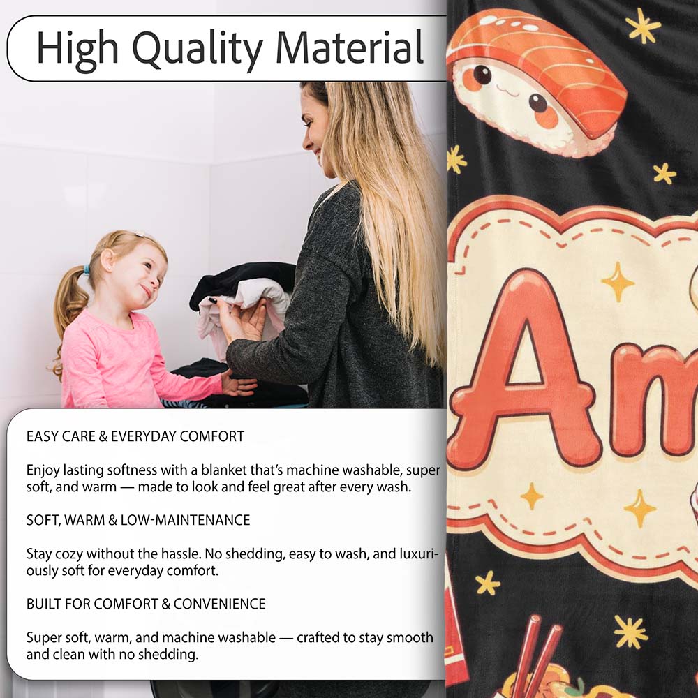 Cute Kawaii Japanese Food Sushi Ramen Dumpling Seamless Pattern Personalised Custom Name Super Soft Fleece Blanket Bed Sofa Throw