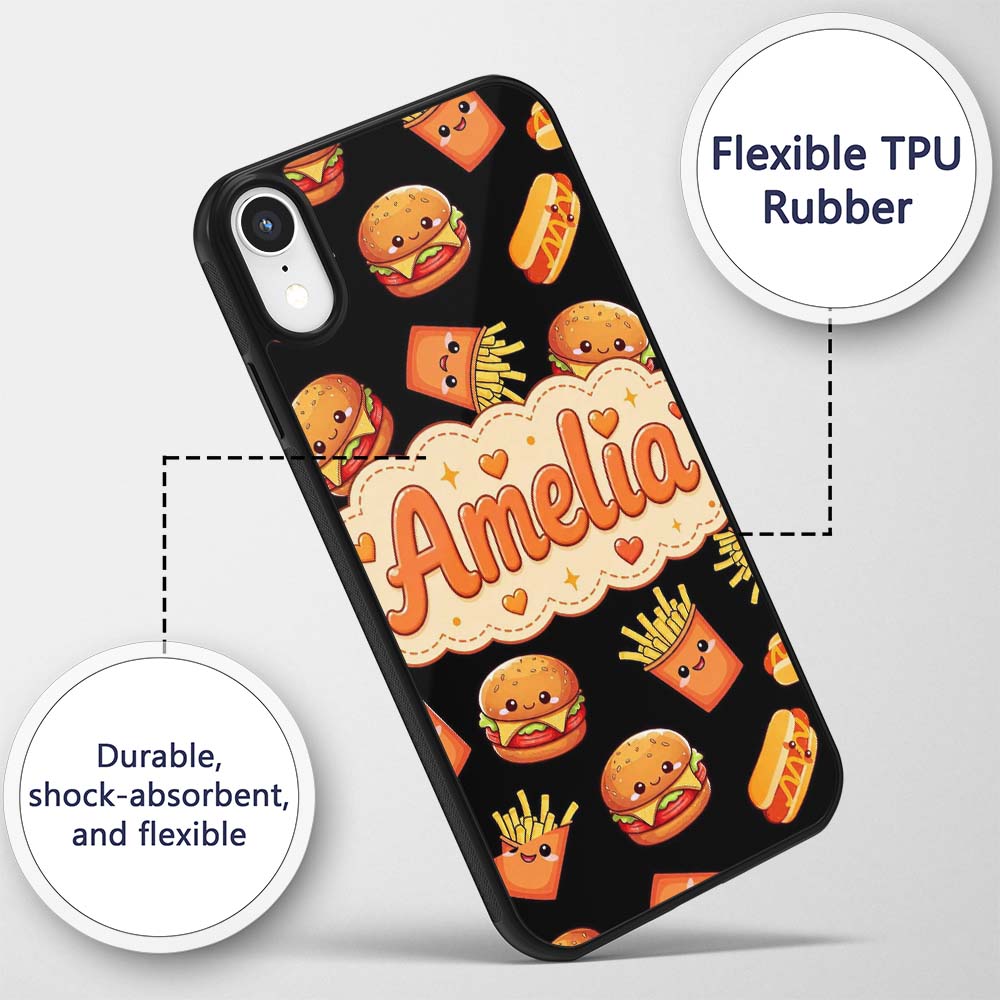 Cute Kawaii Fast Food Burger Fries Printed Design Custom Name Protective Phone Case Mobile Cover Durable Everyday Smartphone Shock Resistant