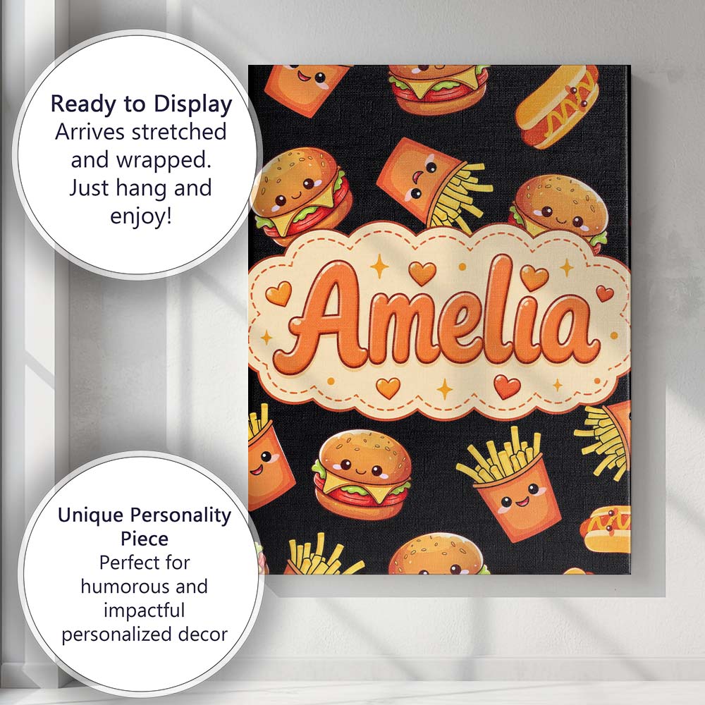 Personalised Name Cute Kawaii Fast Food Custom Modern Room Accent Elegant Feature Canvas Wall Art Print Decor Picture Ready to Hang