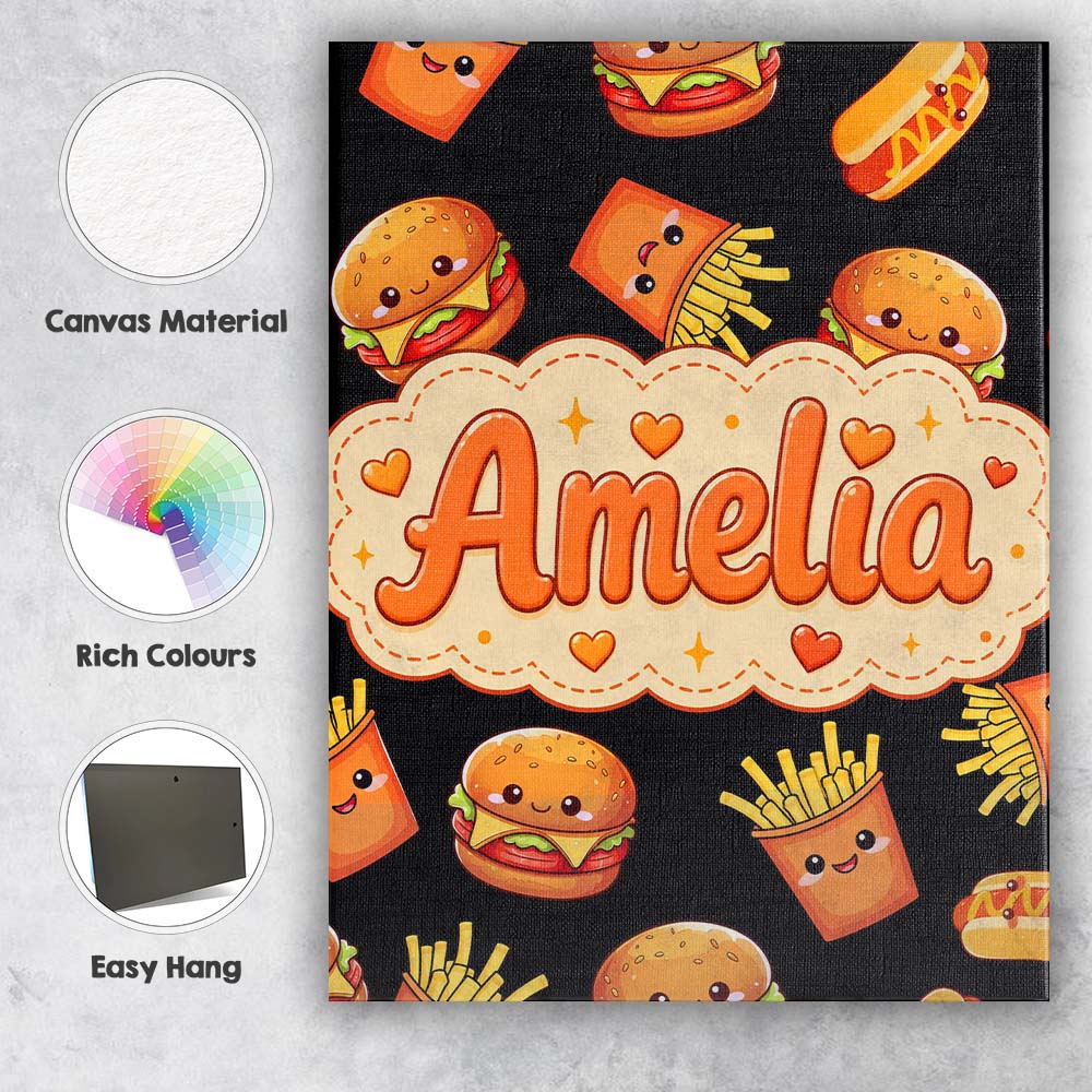 Personalised Name Cute Kawaii Fast Food Custom Modern Room Accent Elegant Feature Canvas Wall Art Print Decor Picture Ready to Hang
