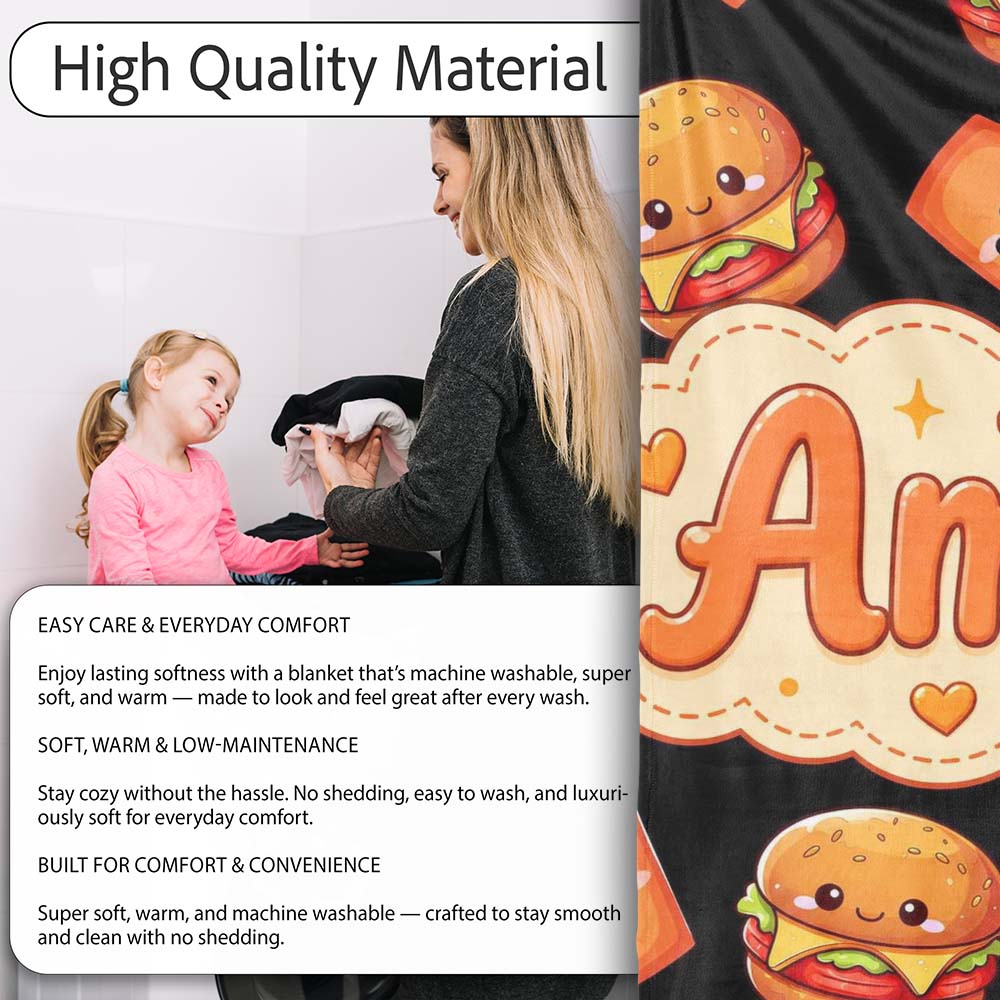 Cute Kawaii Fast Food Burger Fries Hotdog Seamless Pattern Grey Personalised Custom Name Super Soft Fleece Blanket Bed Sofa Throw