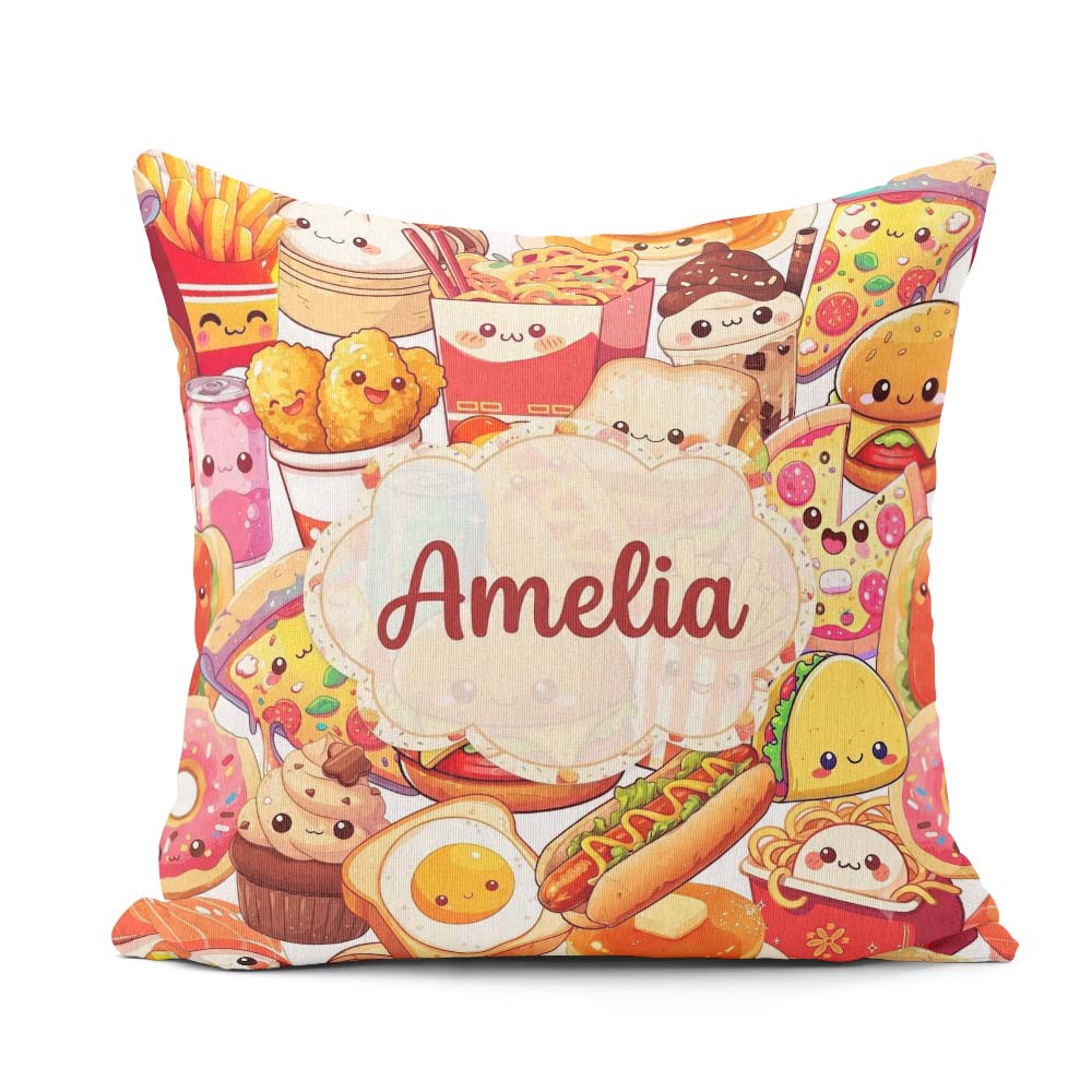 Custom Name Kawaii Fast Food Mix Pizza Burger Fries Pattern Busy Square Filled Cushion Throw Pillow Sofa Bed Home Decor Zip Washable UK Made