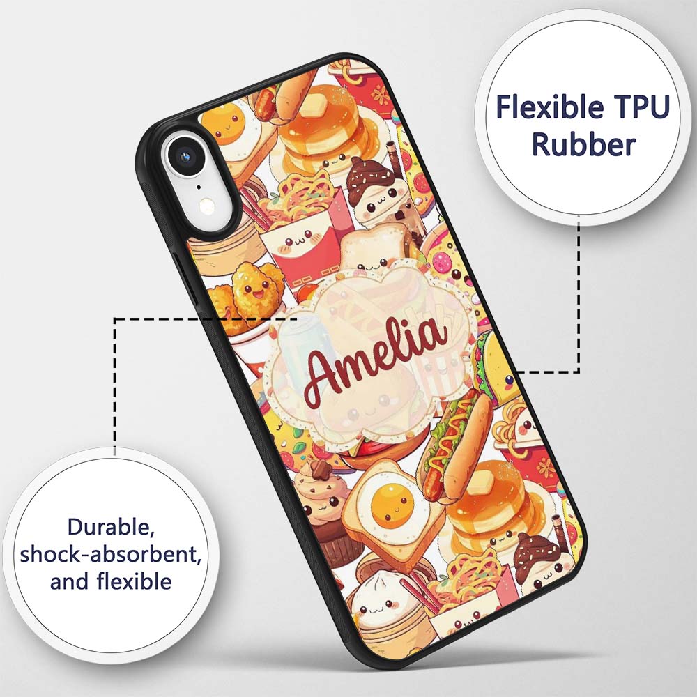 Cute Kawaii Fast Food Mix Pizza Burger Fries Custom Name Protective Phone Case Mobile Cover Durable Everyday Smartphone Shock Resistant