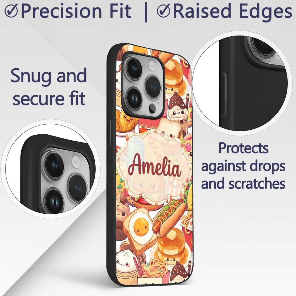Cute Kawaii Fast Food Mix Pizza Burger Fries Custom Name Protective Phone Case Mobile Cover Durable Everyday Smartphone Shock Resistant