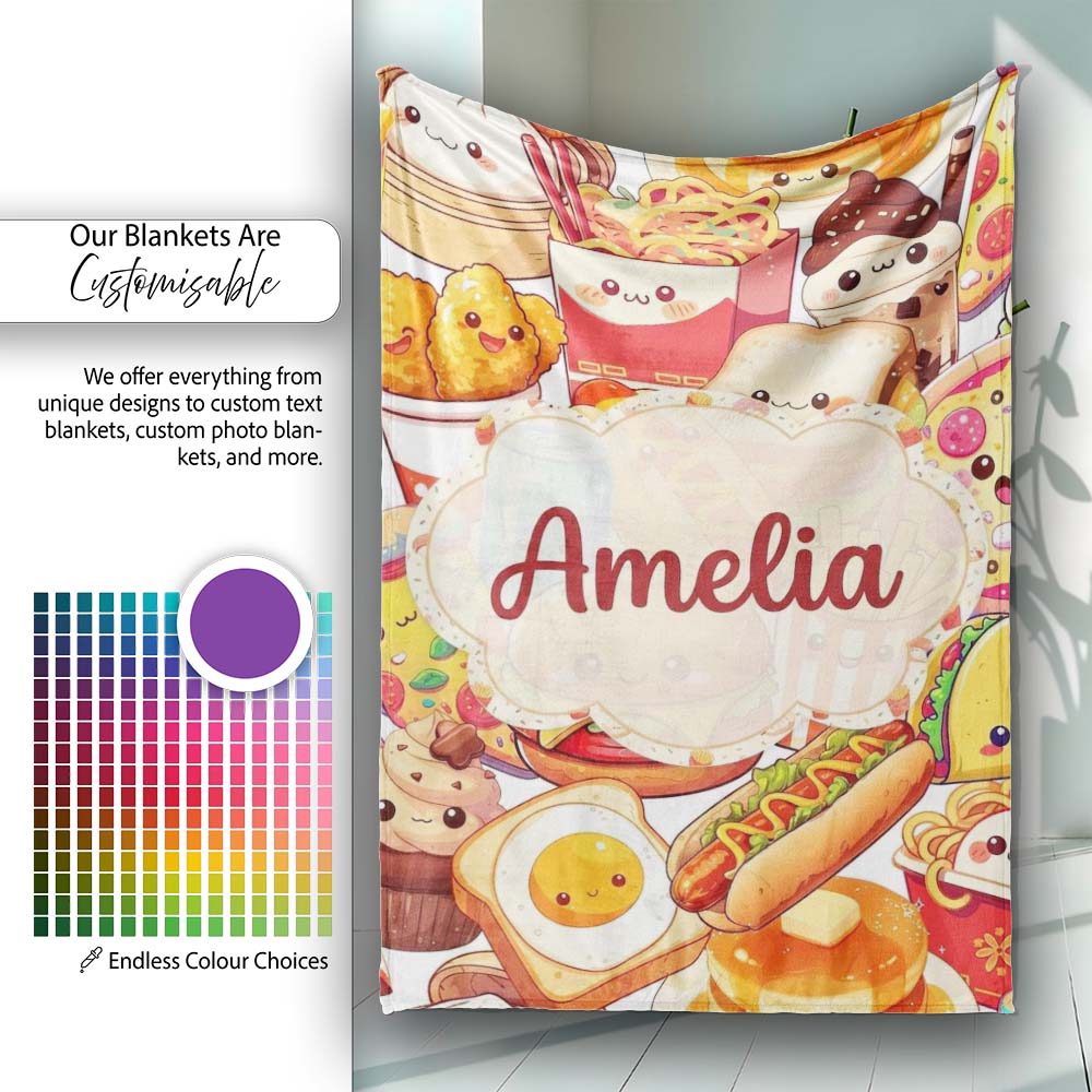 Cute Kawaii Fast Food Mix Pizza Burger Fries Seamless Pattern Busy Personalised Custom Name Super Soft Fleece Blanket Bed Sofa Throw