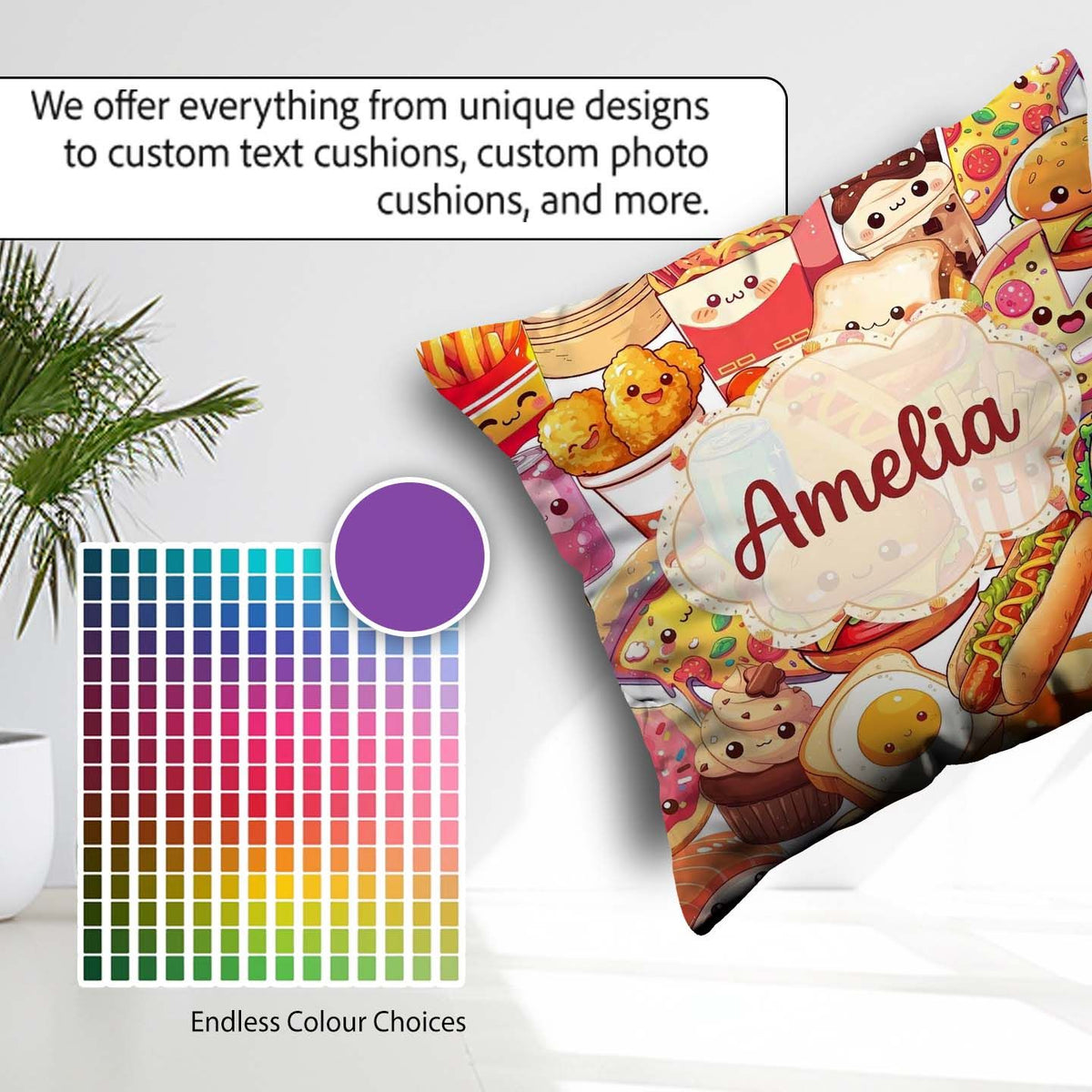 Custom Name Kawaii Fast Food Mix Pizza Burger Fries Pattern Busy Square Filled Cushion Throw Pillow Sofa Bed Home Decor Zip Washable UK Made