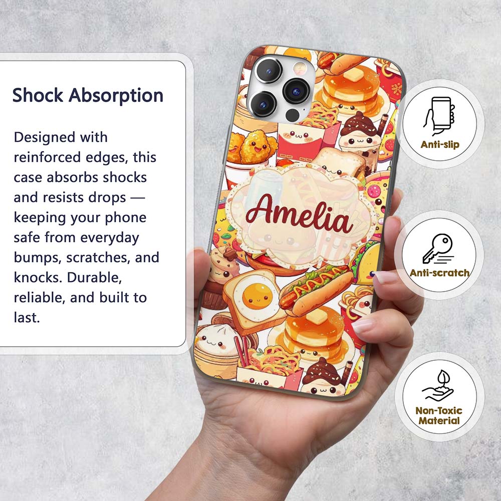 Cute Kawaii Fast Food Mix Pizza Burger Fries Custom Name Protective Phone Case Mobile Cover Durable Everyday Smartphone Shock Resistant