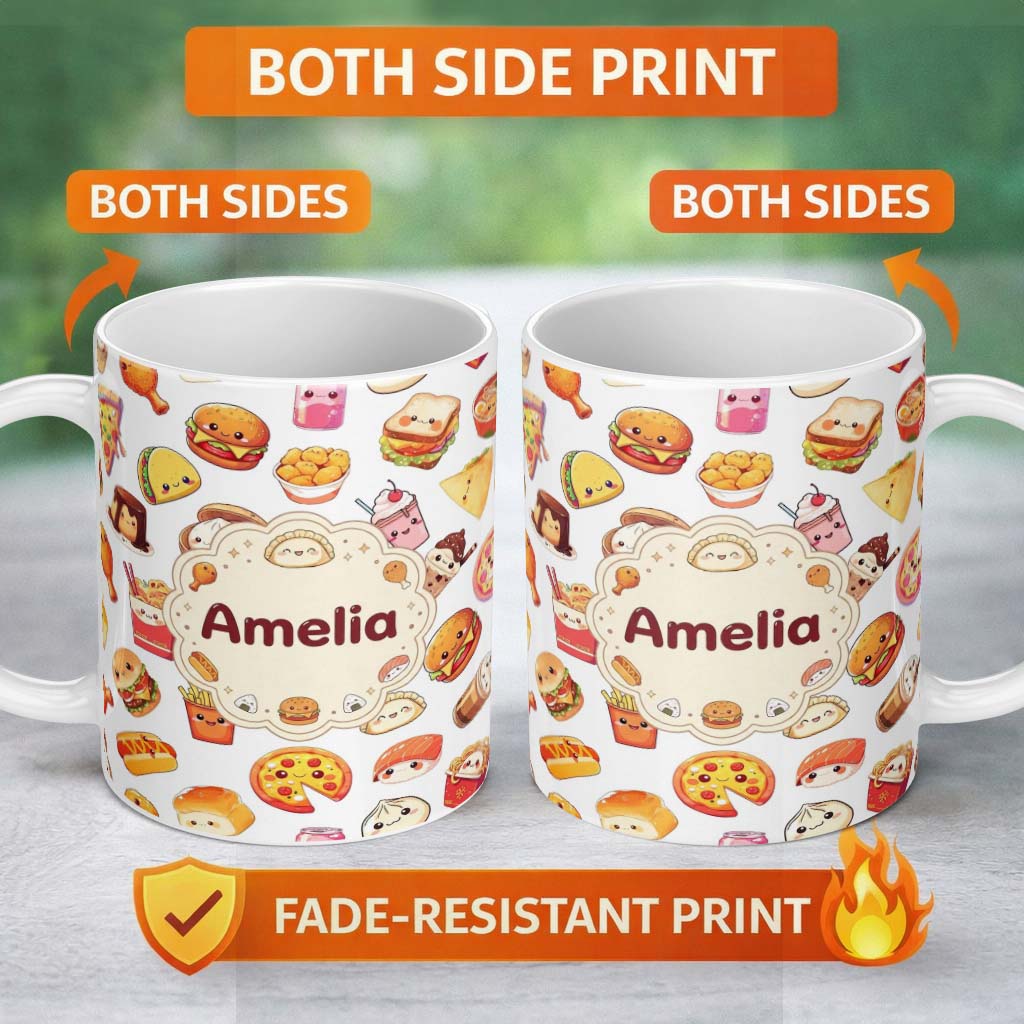 Personalized Custom Name Fast Food Snack Pattern Burger Fries Drink Seamless White 11oz Ceramic Coffee Tea Mug White Large Handle