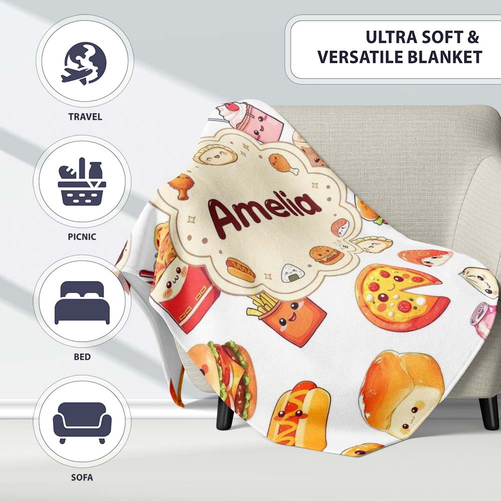 Fast Food Snack Pattern Burger Fries Drink Seamless White Personalised Custom Name Super Soft Fleece Blanket Bed Sofa Throw