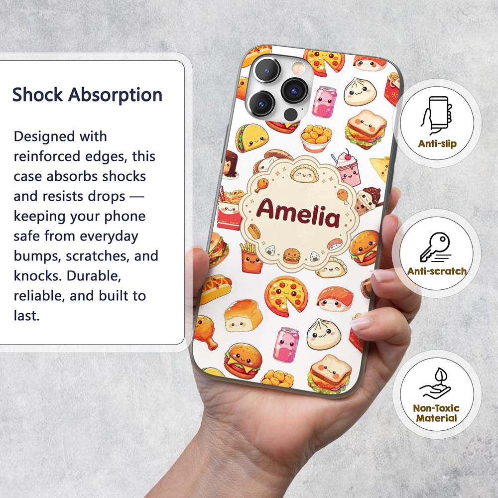 Fast Food Snack Pattern Burger Printed Design Custom Name Protective Phone Case Mobile Cover Durable Everyday Smartphone Shock Resistant