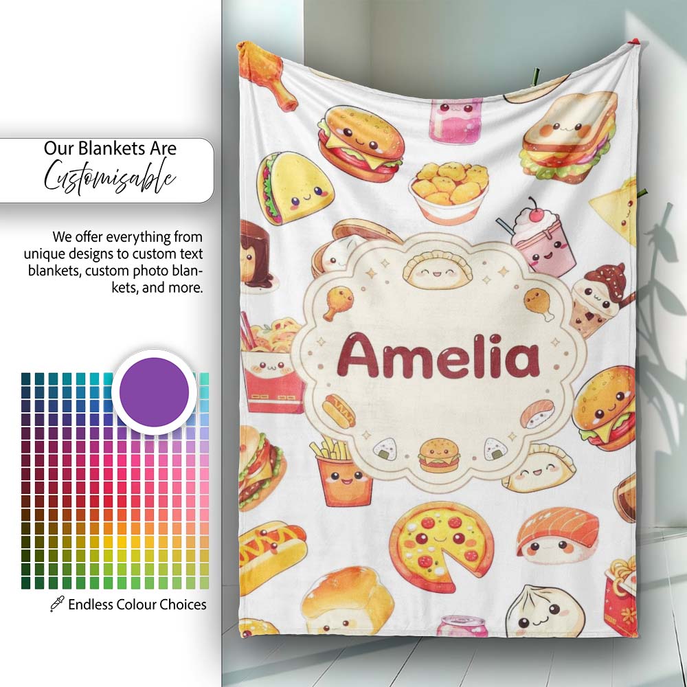 Fast Food Snack Pattern Burger Fries Drink Seamless White Personalised Custom Name Super Soft Fleece Blanket Bed Sofa Throw