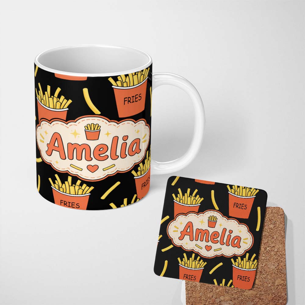 Personalized Custom Name Cute Simple French Fries Pattern Minimal Seamless Food Design White 11oz Ceramic Coffee Tea Mug White Large Handle