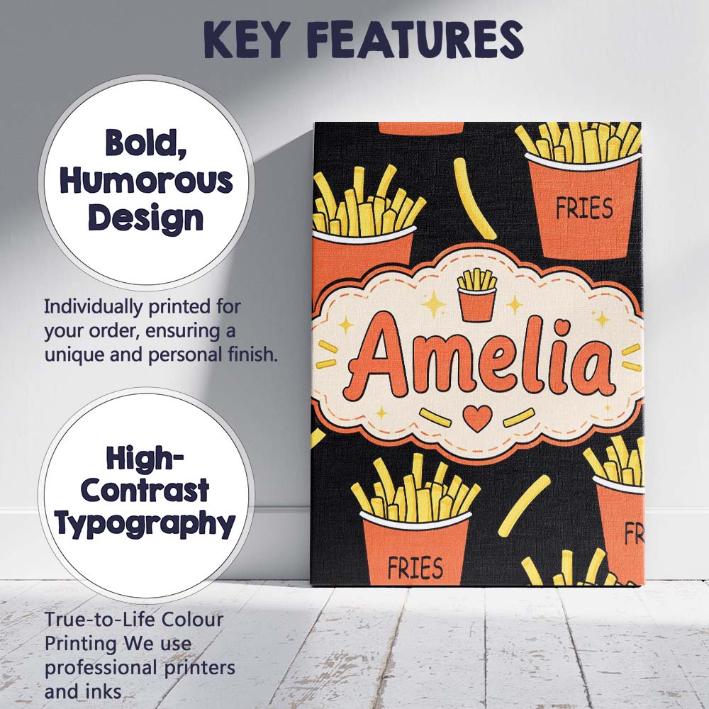Personalised Name Cute Simple French Fries Custom Unique Gift Idea Elegant Feature Canvas Wall Art Print Decor Picture Ready to Hang
