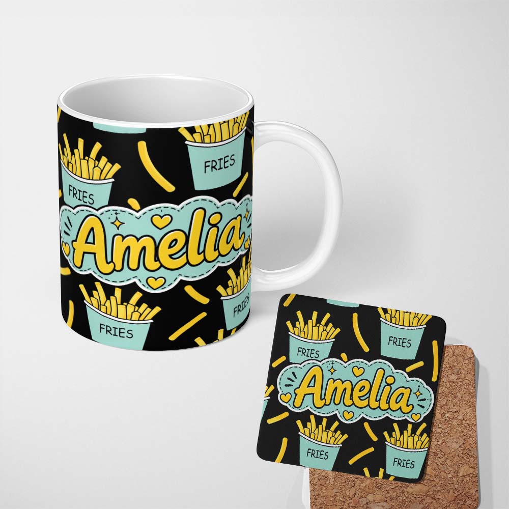 Personalized Custom Name Cute Kawaii French Fries Fast Food Seamless Pattern White 11oz Ceramic Coffee Tea Mug White Large Handle