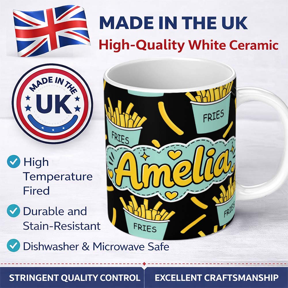 Personalized Custom Name Cute Kawaii French Fries Fast Food Seamless Pattern White 11oz Ceramic Coffee Tea Mug White Large Handle