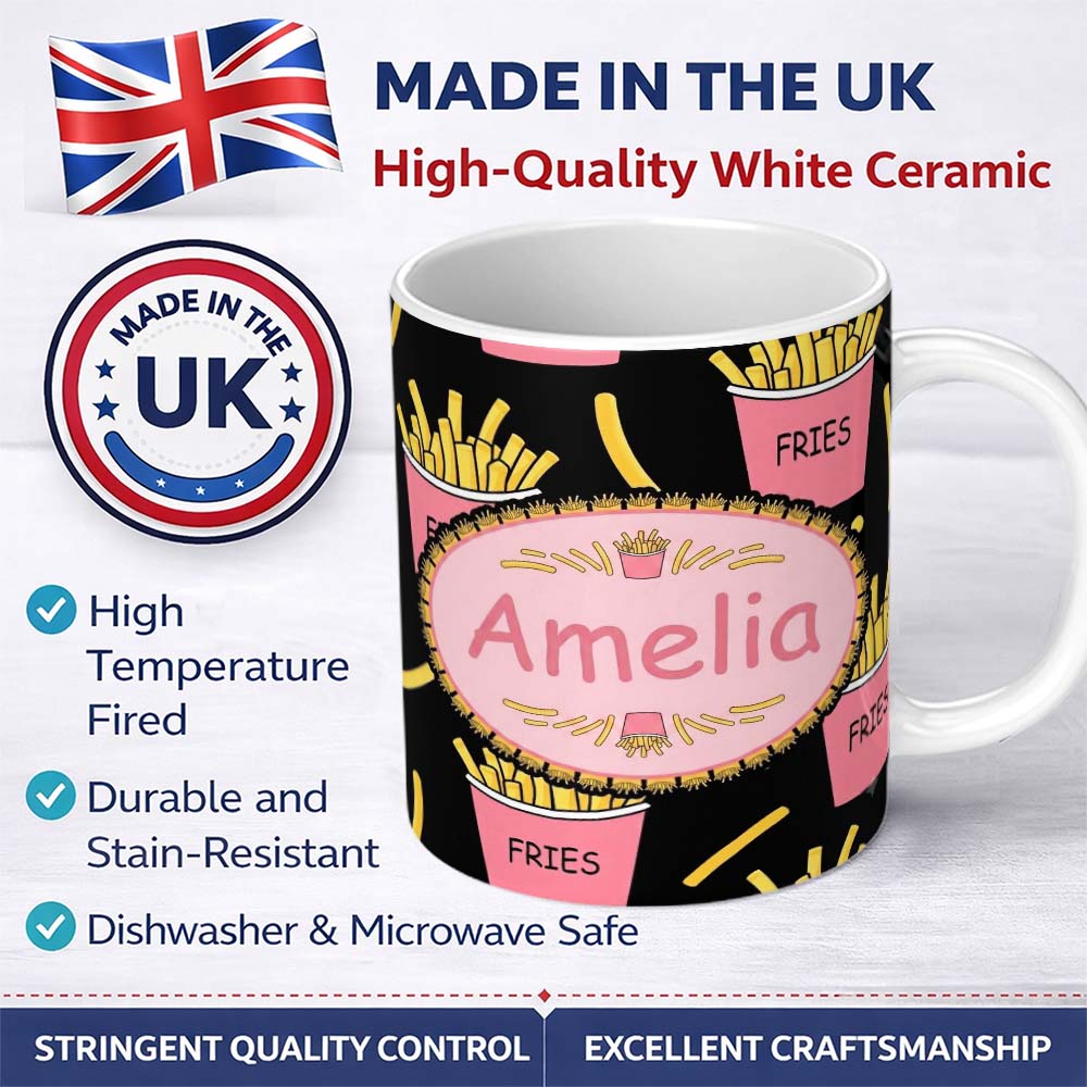 Personalized Custom Name Cute Kawaii French Fries Fast Food Seamless Pattern Pink White 11oz Ceramic Coffee Tea Mug White Large Handle
