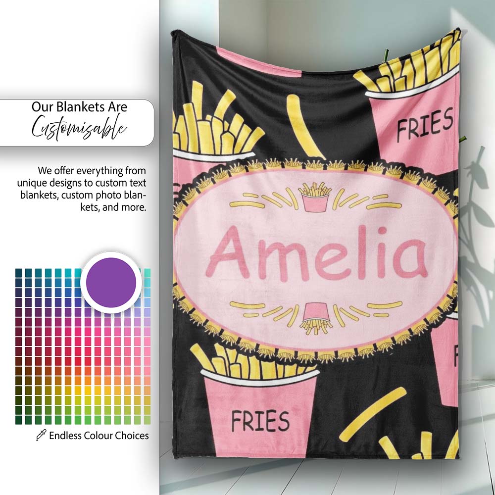 Cute Kawaii French Fries Fast Food Seamless Pattern Pink White Personalised Custom Name Super Soft Fleece Blanket Bed Sofa Throw